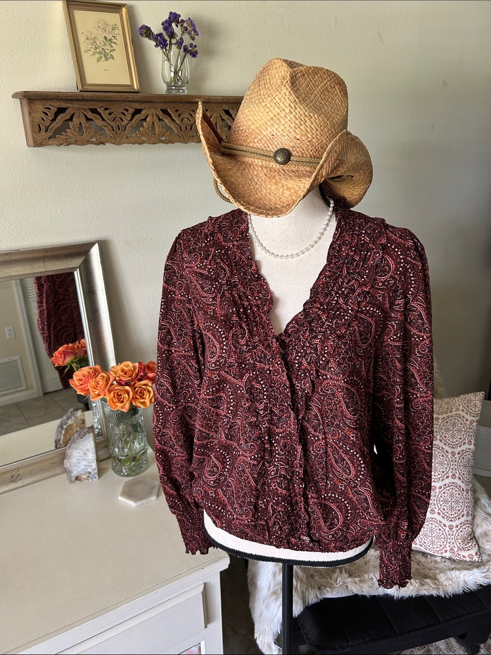 Evereve black boho paisley western feminine v neck ruffle top blouse S